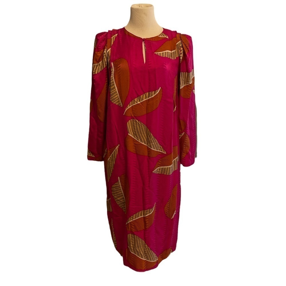 Vintage 1970s-80s  AP LTD silk leaf print dress size 4 pink long sleeve dress